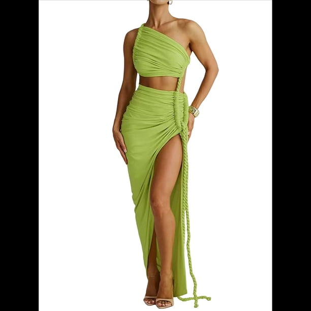 Conjuntos de Vestidos de Noche Asimétricos con Abertura Alta para Playa y Verano para Mujer Verde L