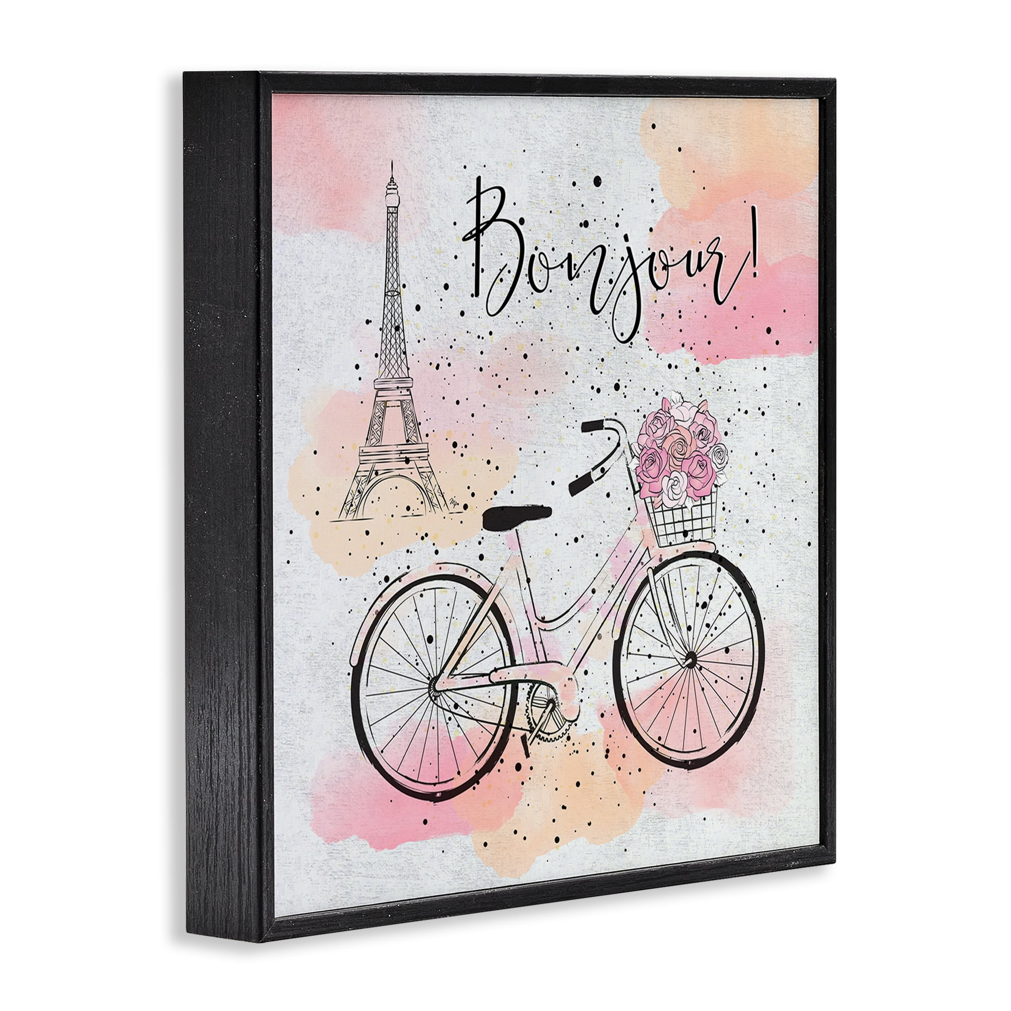 Stupell Industries Bonjour Paris & Bicycle Town & City Painting Black Framed Art Print Wall Art, 12 x 12
