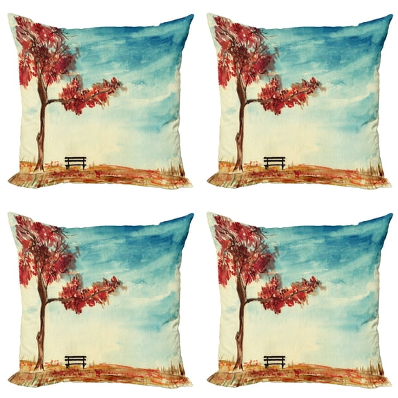 Ambesonne Tree Throw Pillow Cover 4 Pack, Watercolor Art Bench, 24", Orange Blue
