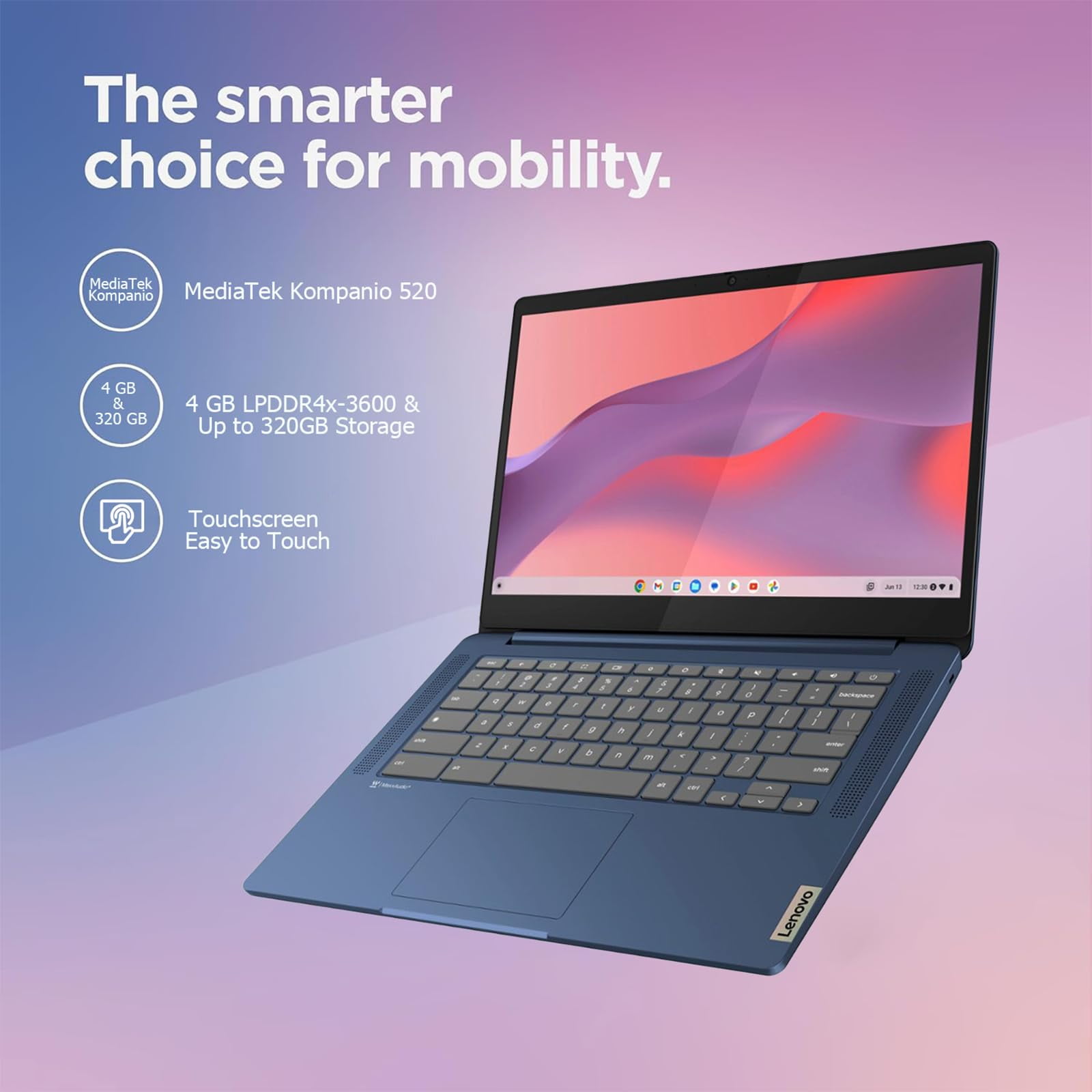 Lenovo IdeaPad Slim 3 Chromebook Laptop, 14" FHD Touchscreen Laptop, MediaTek Kompanio 520, 4GB RAM, 64GB eMMC, Wi-Fi 6, Chrome OS, Abyss Blue