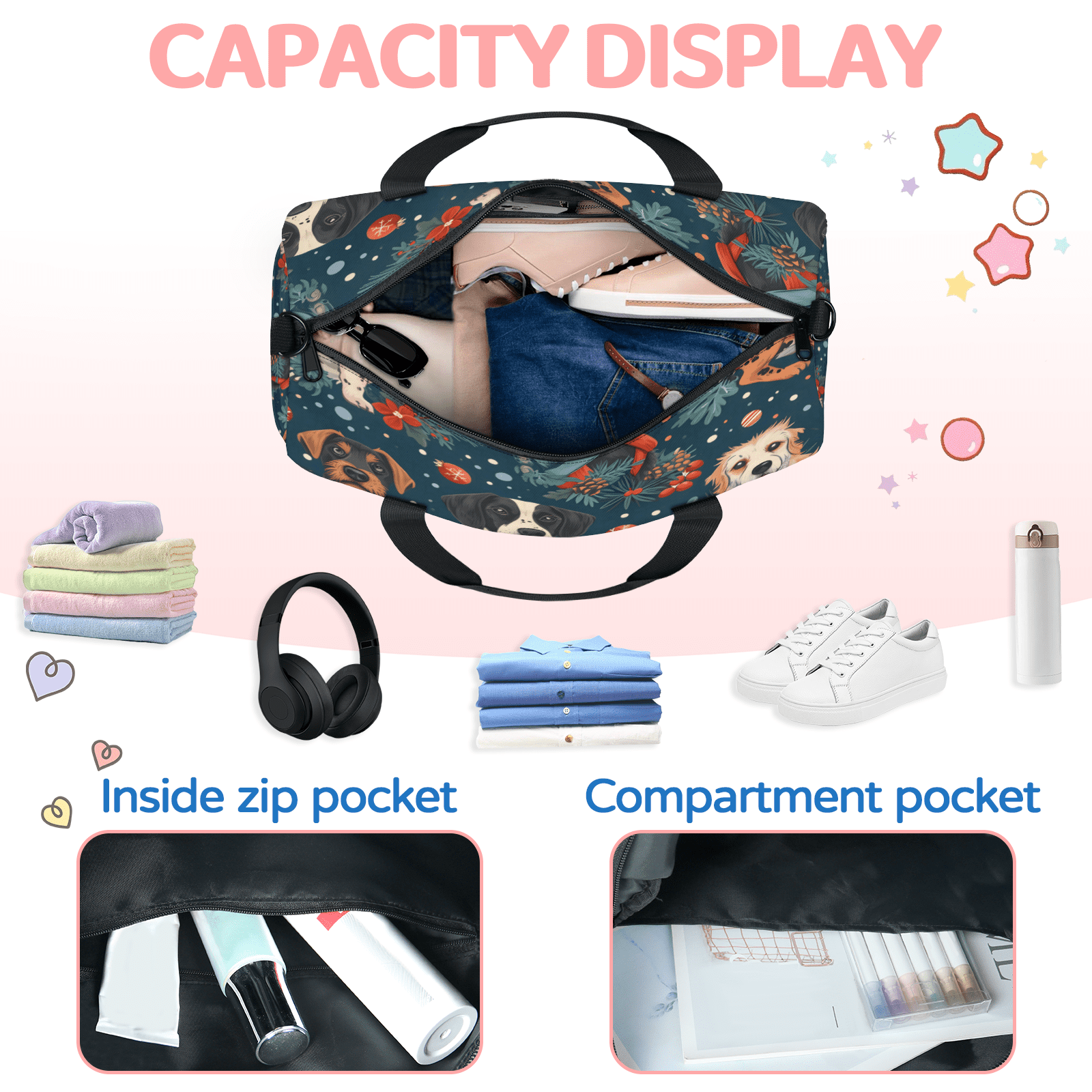 Herdesigns Funny Dog Christmas Gym Bag for Women, Duffle Bag for Travel Sport, Lightweight Waterproof Carry on Weekender Overnight Dance Yoga Workout Bags