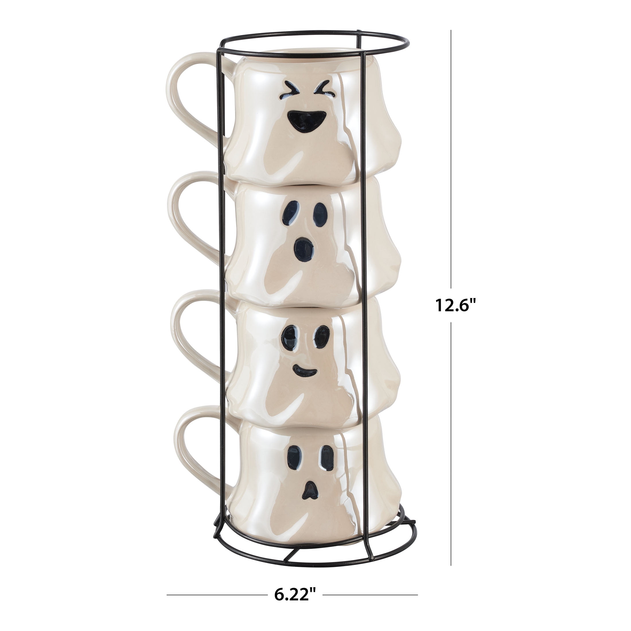 Halloween 13-Ounce White Ghost Stoneware Stackable Mug Set with Iron Rack, by Way To Celebrate