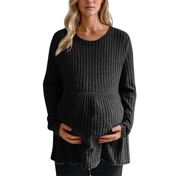 Guieoi Womens Tops Plus Size Women's Trendy Maternity Clothing Waist Pleated Solid Color Knitted Sweater Winter Pullover Top Black Black*Friday/Cyber*Monday Clearance