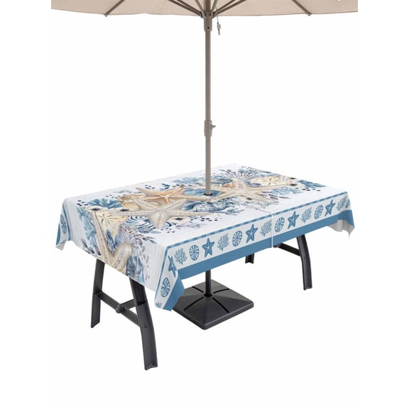 Outdoor Tablecloth with Umbrella Hole for Patio/Picnic/Party/Camping, Blue Starfish Coastal Waterproof Table Cloth Rectangle Table Cover Washable, Nautical Ocean Summer Coral Botanical (60"x 102")