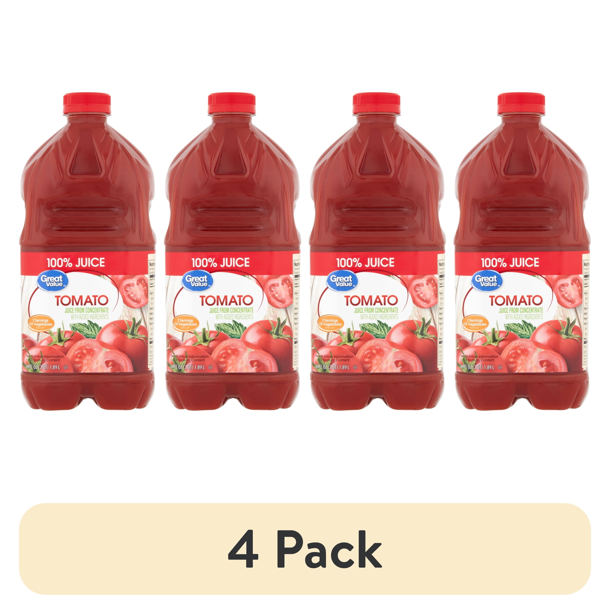 (4 pack) Great Value Tomato 100% Juice, 64 fl oz