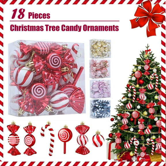 Lksixu 18 Pcs Christmas Candy Ornaments, Christmas Tree Decorations, Shatterproof Plastic Candy Cane Peppermint Decorative Pendants, Glitter Xmas Tree Hanging Lollipop for Holiday Wedding Party