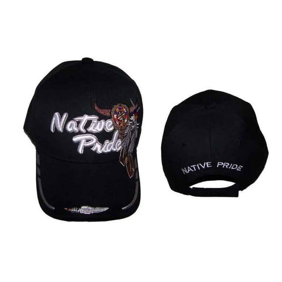 Bull Head & Feathers Native Pride Baseball Cap Embroidered - Black Color Uni-Sex Style -- FREE USA Shipping-- (CapNp611b)