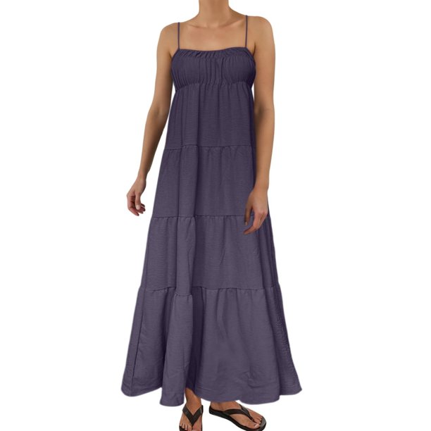 Vestido largo sin mangas de verano con tirantes finos y ribetes en contraste para mujer