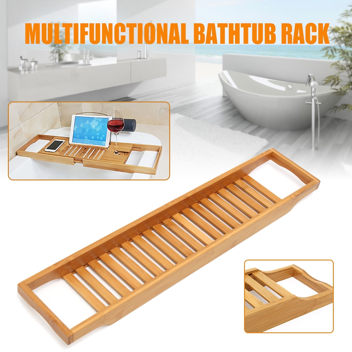 70cm Luxury Wooden Bamboo Bath Caddy Tray Rack Caddy Shelf Tidy Tub