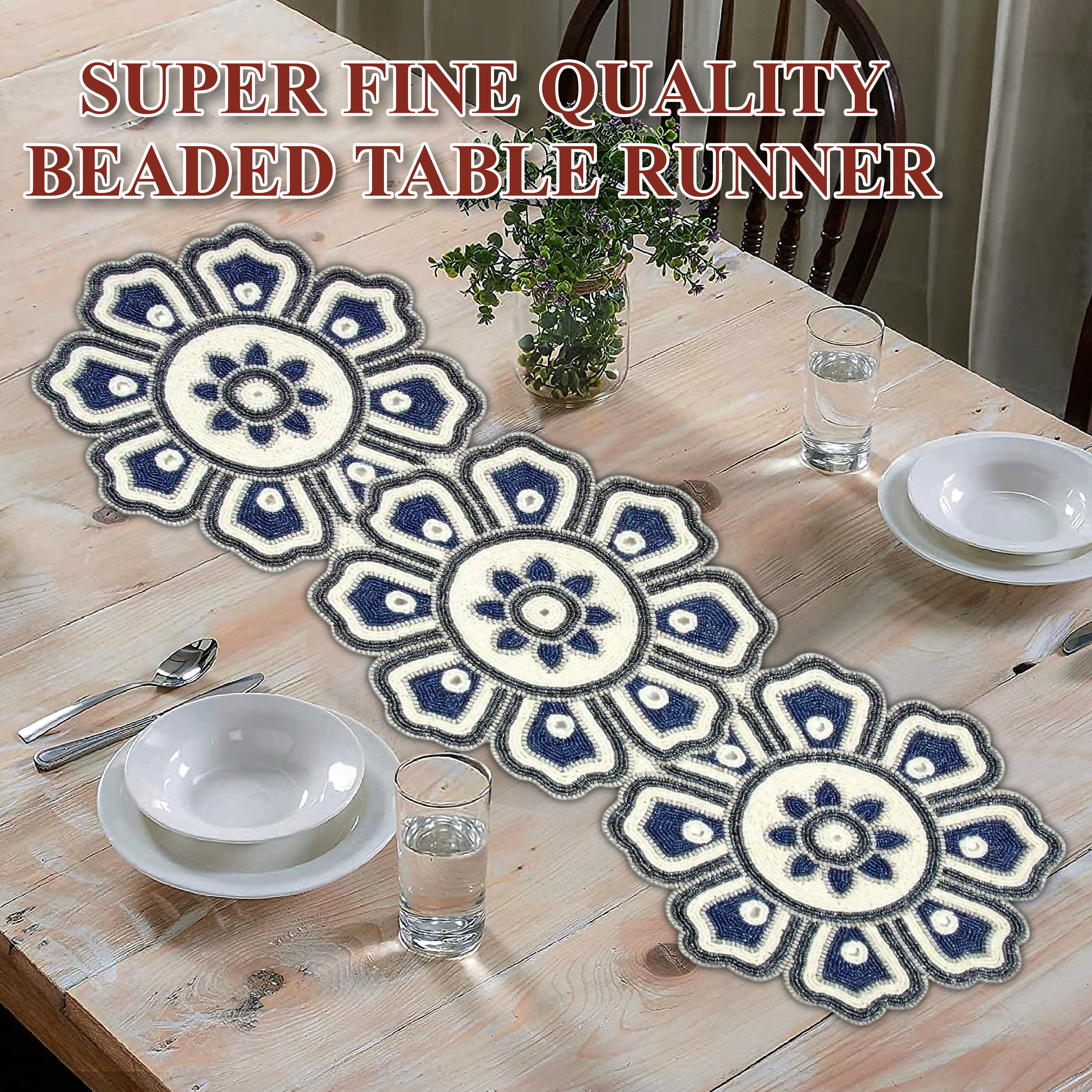 GFI LINEN CLUBS Hand Made Beaded Table Runner/ Home Decor Mat in Navy, Charcoal & Ivory Colour, 13 x 36 Inches, Pack of 1, Produced by Village Artisans in India