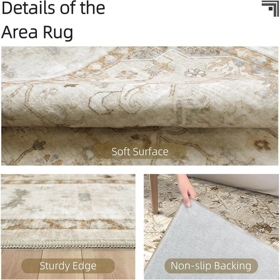 Washable 6x9 Area Rug - Beige Cream Rugs for Living Room, Vintage Floral Low Pile Faux Wool Carpet, Soft, , Foldable Non-Slip Indoor Rugs for Bedroom, Dorm, Coffee Table, Dining Room