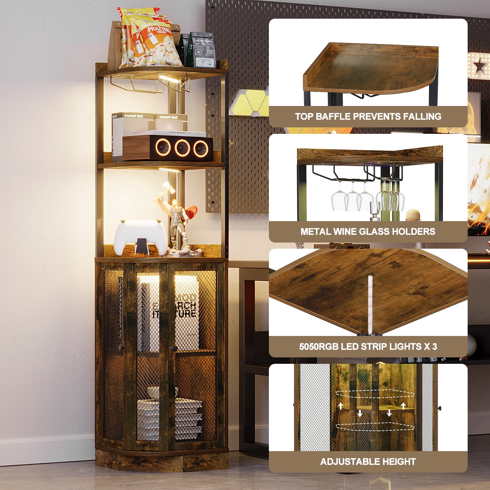 SNYNUXX Industrial Corner Bar Cabinet with LED Lights, Wine Glass Holder and Charging Station, Rustic Brown