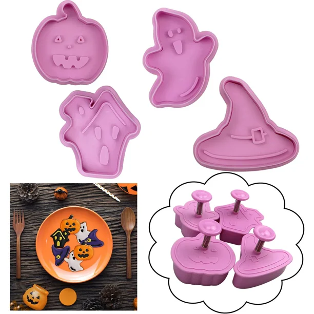 Juego de 4 cortadores de galletas de Halloween, estampadores de repostería para galletas sándwich en relieve directo, juego de cortadores con mango con resorte de Halloween con sombrero de bruja fantasma de calabaza Casa Encantada JM