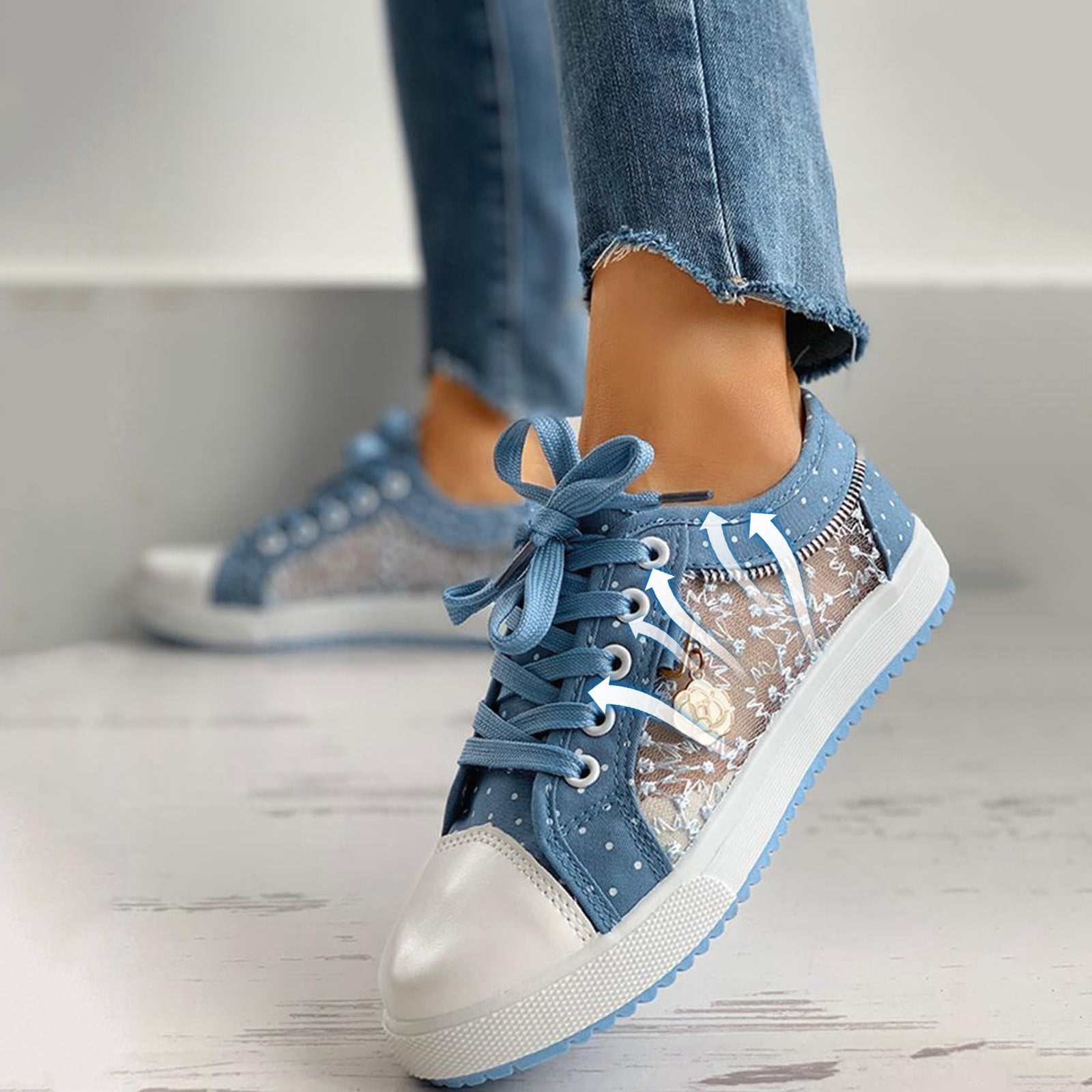 Blphud Women's Tennis Shoes Summer Shoes for Women 2024 Casual Mesh Up out Pattern Lace Casual Shoes Fashion Floral Hollow Women's Lace Women's Casual Shoes Womens Sneakers Sky Blue 37