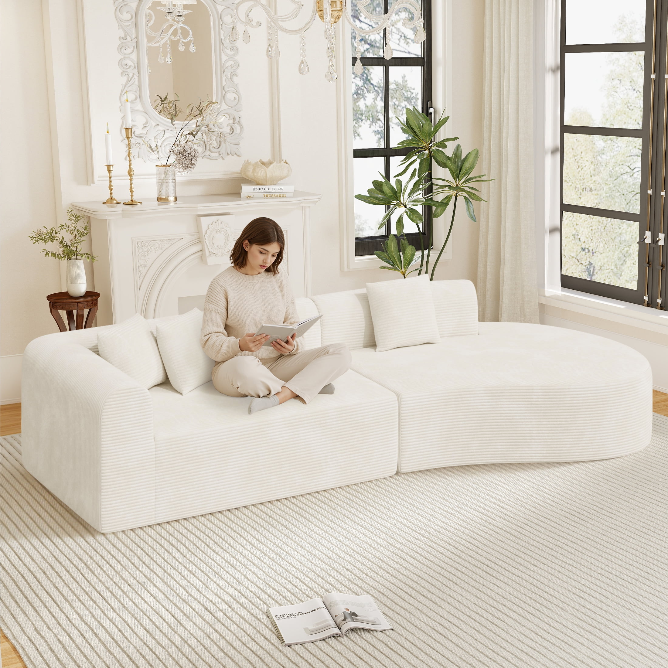 Hawsaiy 126" Oversized Modular Sectional Sofa, Modern Deep Seat Curved Cloud Couch, Soft Corduroy Upholstered Sofa for Living Room, White, No Assembly