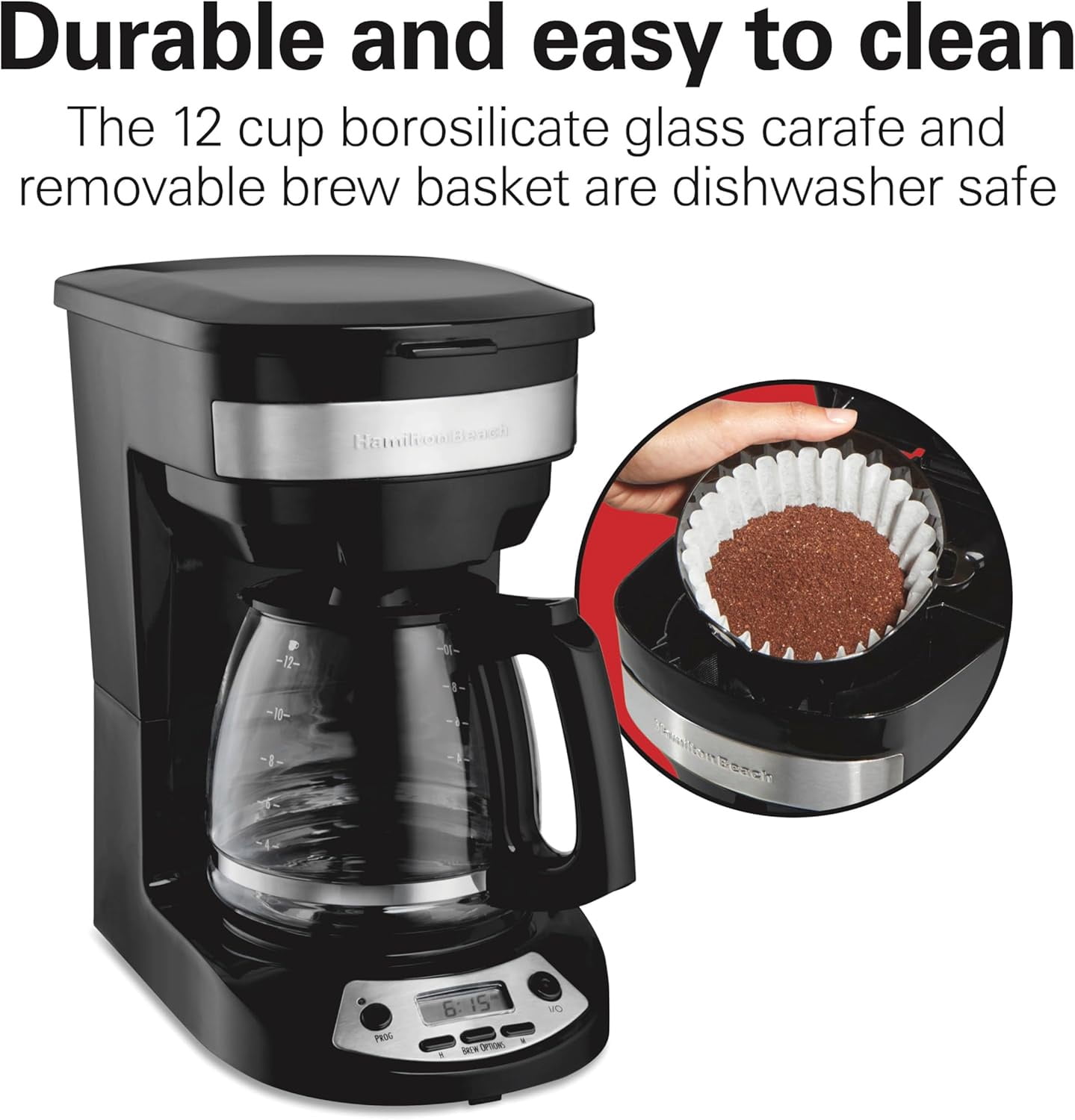 Restored Hamilton Beach 12 Cup Programmable Drip Coffee Maker, Brew Options, Glass Carafe (46299), Black with Stainless Accents (Refurbished)