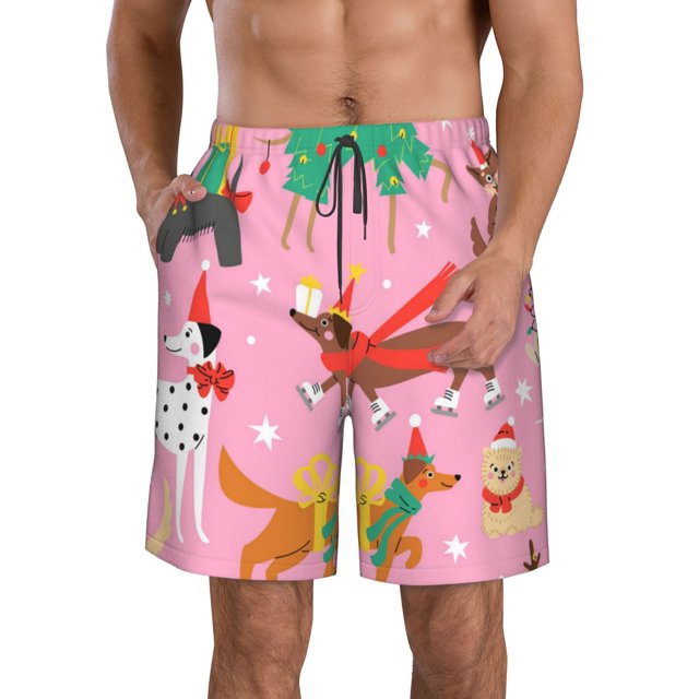 Wukai Different Dogs Christmas Print Beach Trunks with Compression Liner Swimsuit Quick Dry Beach Sports Shorts with Pocket-3X-Large