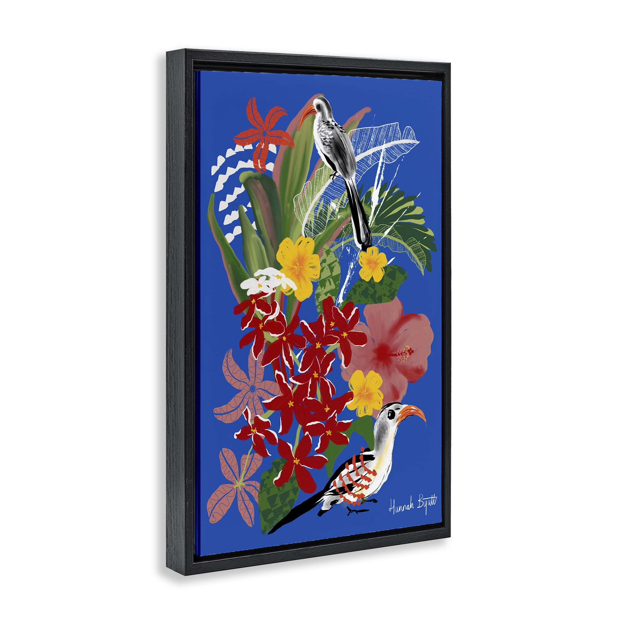 Stupell Industries Gambia Inspired Botanicals Animals Painting Black Floater Framed Canvas Art Print Wall Art, 21 x 31