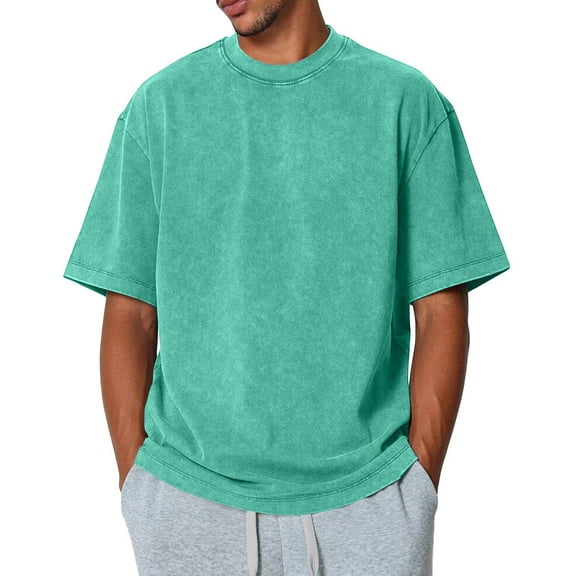 Zimjoy Oversized Tshirts for Men Casual Crew Neck Green Tees for Men Fashion Mens Washed Cotton T Shirts Loose Fit Short Sleeve Men's Clothing, Mint Green L