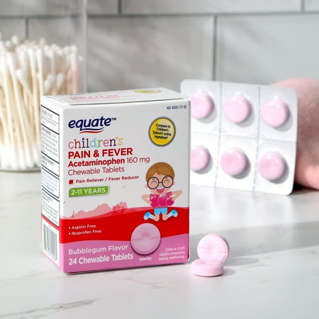 Equate Children's Acetaminophen Pain & Fever Relief Chewable Tablets, Bubblegum, 160 mg, 24 Count