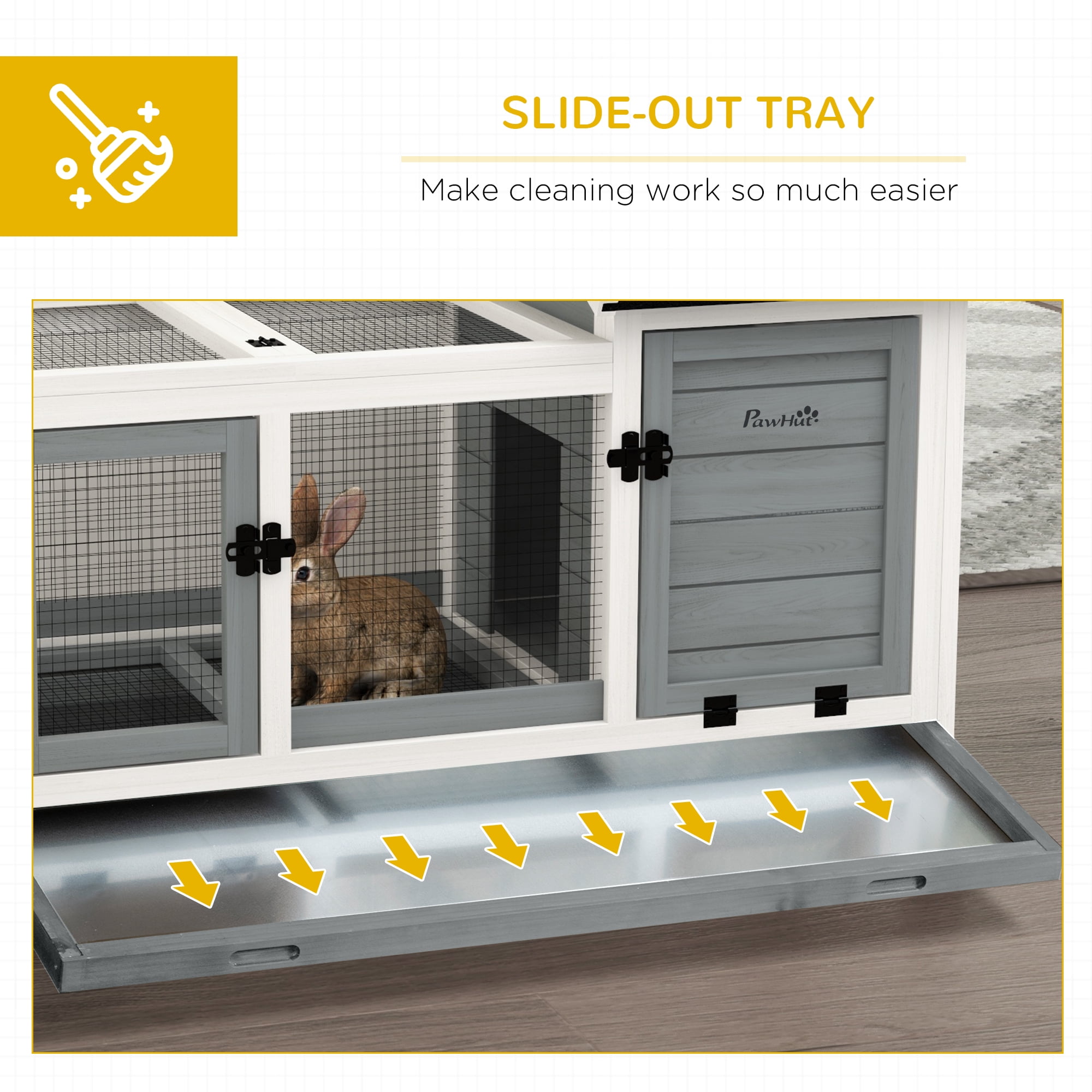 PawHut Wooden Rabbit Hutch with Wheels for Small Animals, Guinea Pig, Gray