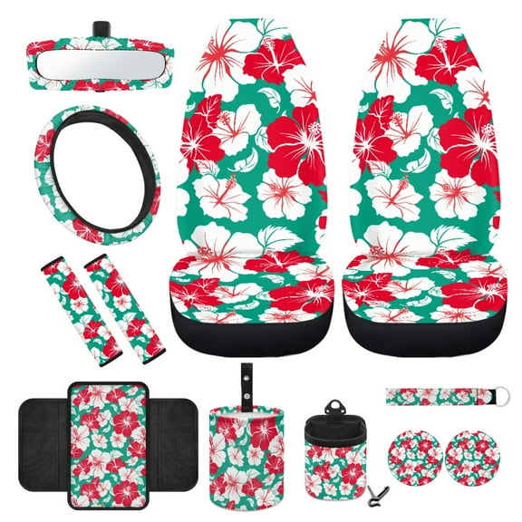Yuyamidu Hibiscus Front Car Seat Covers Full Set of 12 Flower Steering Wheel Cover Seatbelt Strap Pads Armrest Pad Trash Can Mount Phone Pocket Cup Holders Rearview Mirror Cover Keychain