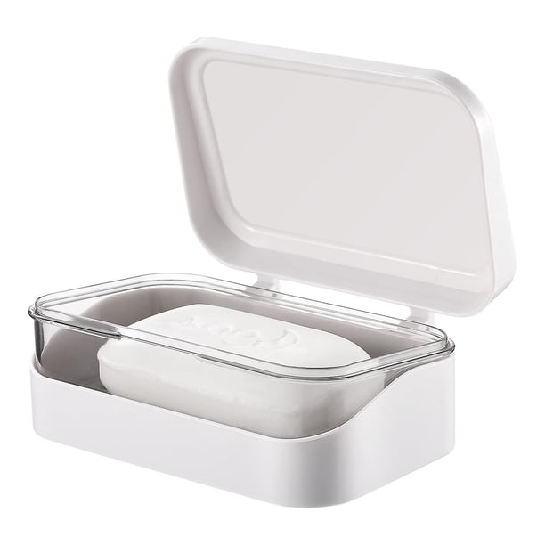 Jabonera de viaje con tapa, jabonera de viaje con bandeja de goteo extraíble (blanco)