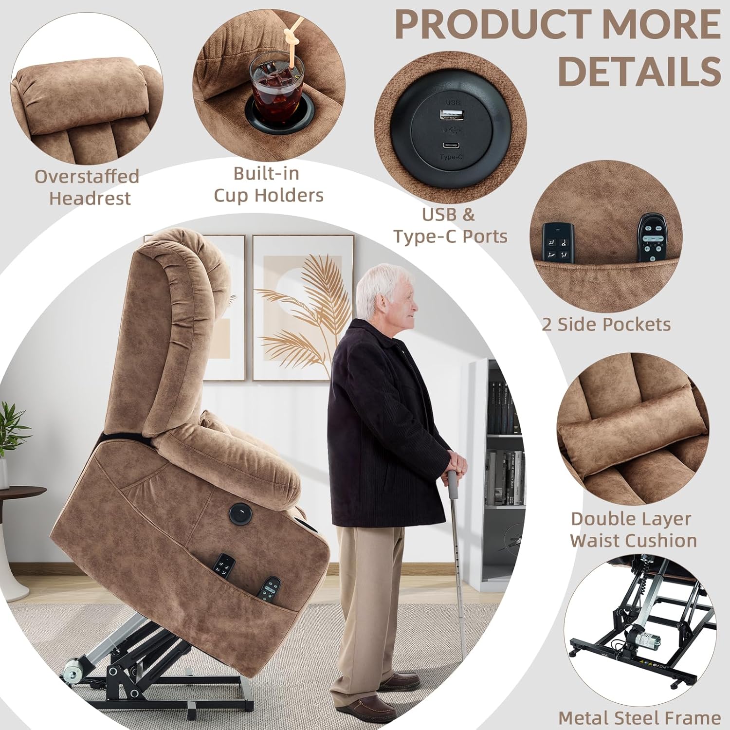 EPICOZY Oversized Dual Motor Power Lift Recliner Chair with Extended Footrest for Big Tall Man, Lay Flat Sleeper Electric Recliner with Massage and Heat, Lumbar Pillow, USB & Type-C Port, Plush Brown