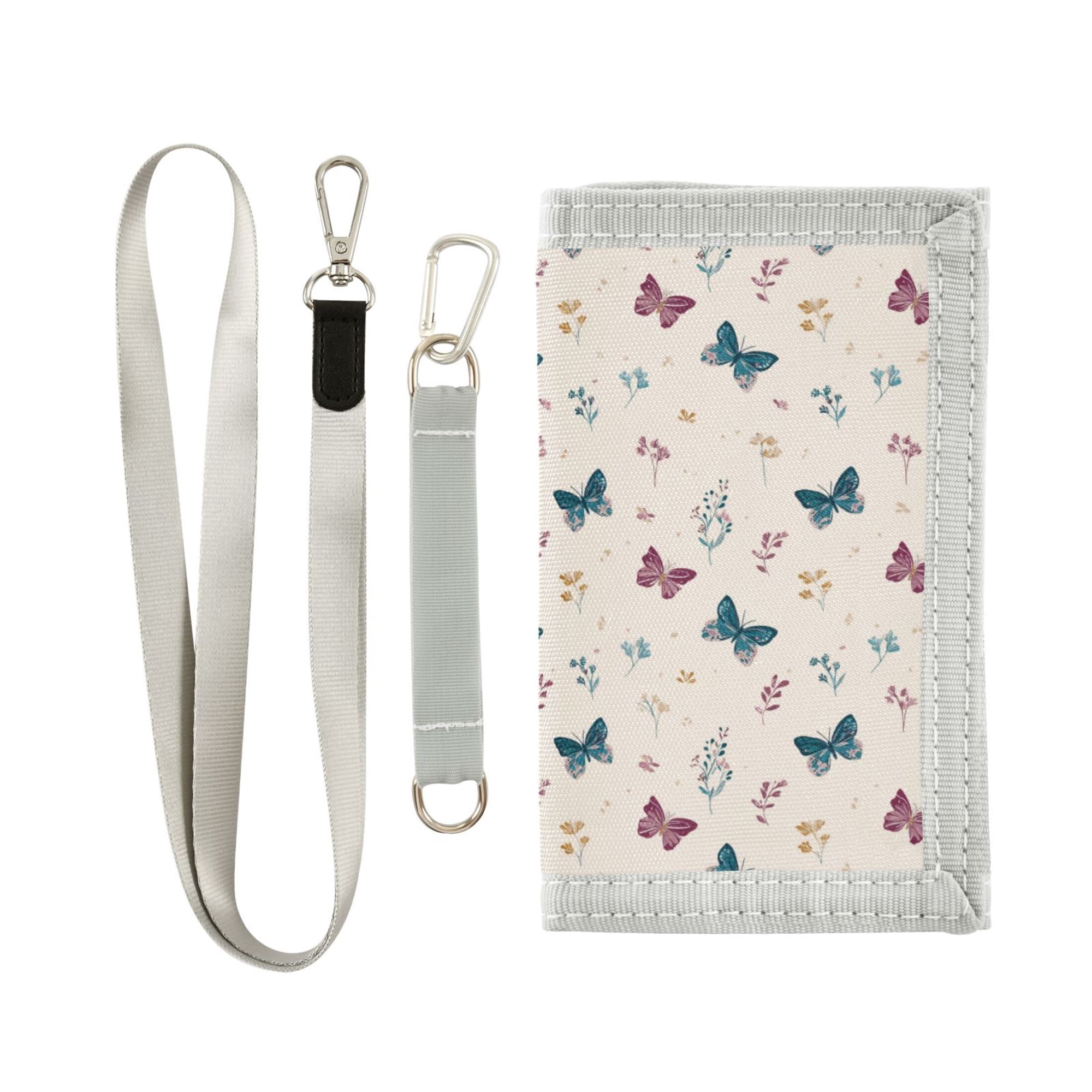Cloth Wallet with Lanyard & Multiple Compartments Fashion Purse Zipper Clutch Bag for Cash Cards Coins Simple Butterflies and Flowers