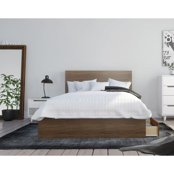 Nexera 402098 3-Piece Bedroom Set With Bed Frame, Headboard & Nightstand, Full|White & Walnut
