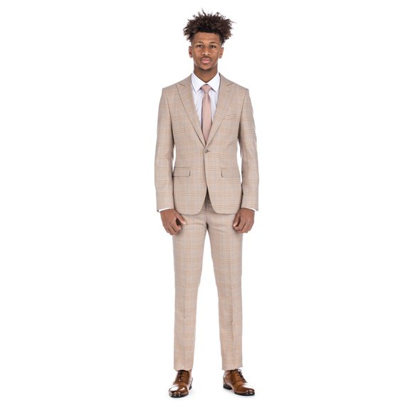 Porto Filo Men's 2 Piece Beige Windowpane Slim Fit Suit