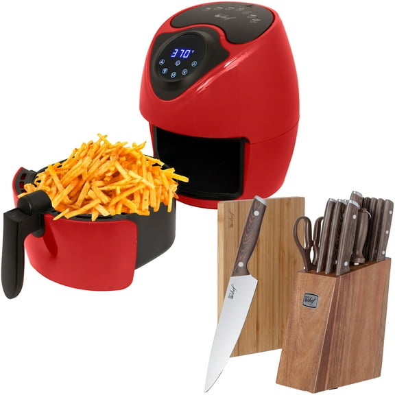 Deco Chef 3.7QT Electric Oil-Free Digital Air Fryer, Red   Deco Chef 16 Piece Kitchen Knife Set with Wedge Handles, Shears, Block, and Cutting Board