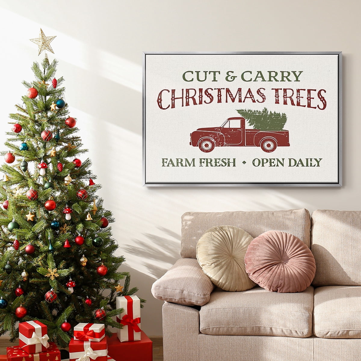 Christmas Farm Sign II - Framed Gallery Wrapped Holiday Canvas - 17 x 25 - Silver Frame