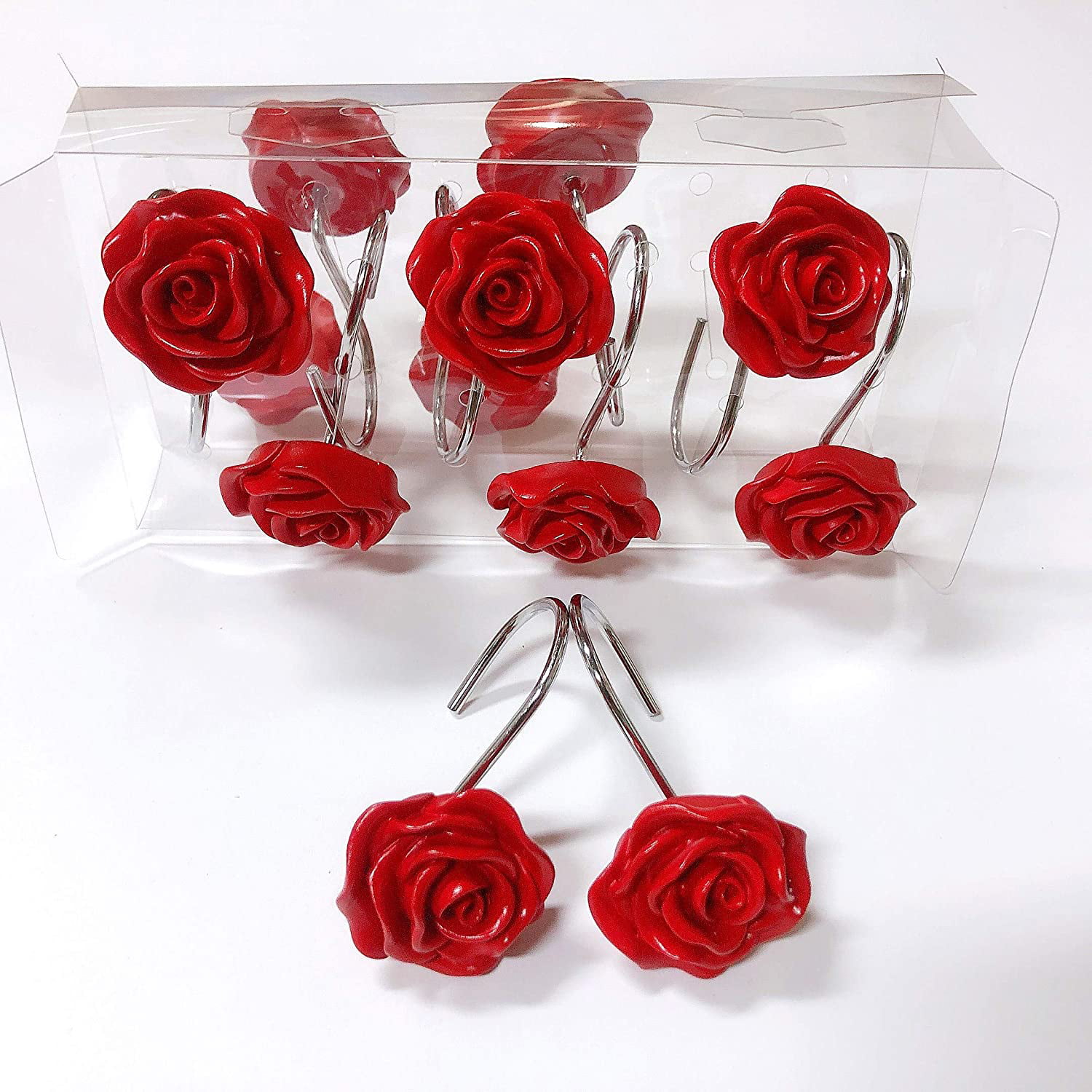 12 Pcs Valentine Gift Decorative Rust, Red Rose Shower Curtain Hooks