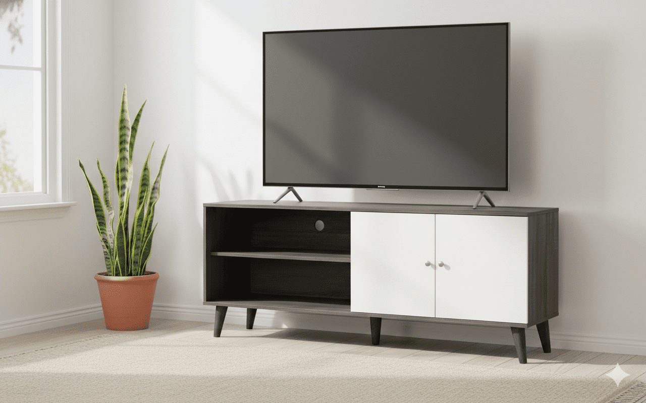 Mintazer 47.3" Mid-Century Modern TV Stand with Open Storage, Media Entertainment Centre with Cable Hole & 2 Door Cabinet, Gray & White