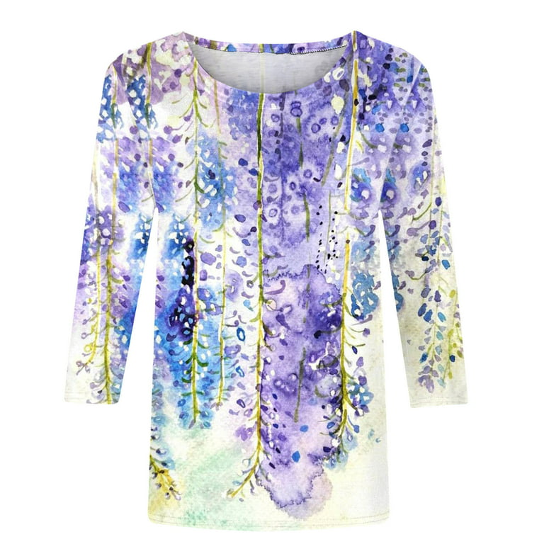 Dyegold 3/4 Sleeve Tops For Women Summer Round Neck Dressy Casual Vintage  Floral Print Shirts Plus Size Trendy Blouses Tunic 