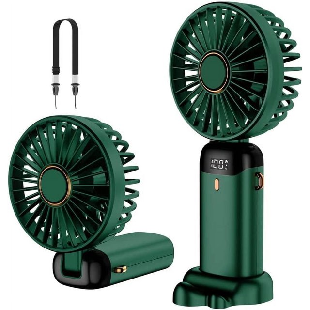 Ventilador de mano verde, mini ventilador portátil recargable por USB, ventilador de bolsillo pequeño de 5 velocidades con base, ventilador de escritorio plegable con batería de 4000 mAh para of