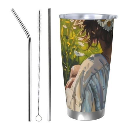 

Uemuo Girl In Field Of Daisies Print Travel Coffee Mug 20oz Double-walled Car Cup Stainless Steel Insulated Tumbler Leak-proof Travel Cup Reusable Straw Car Cup-Straw Three-piece Set