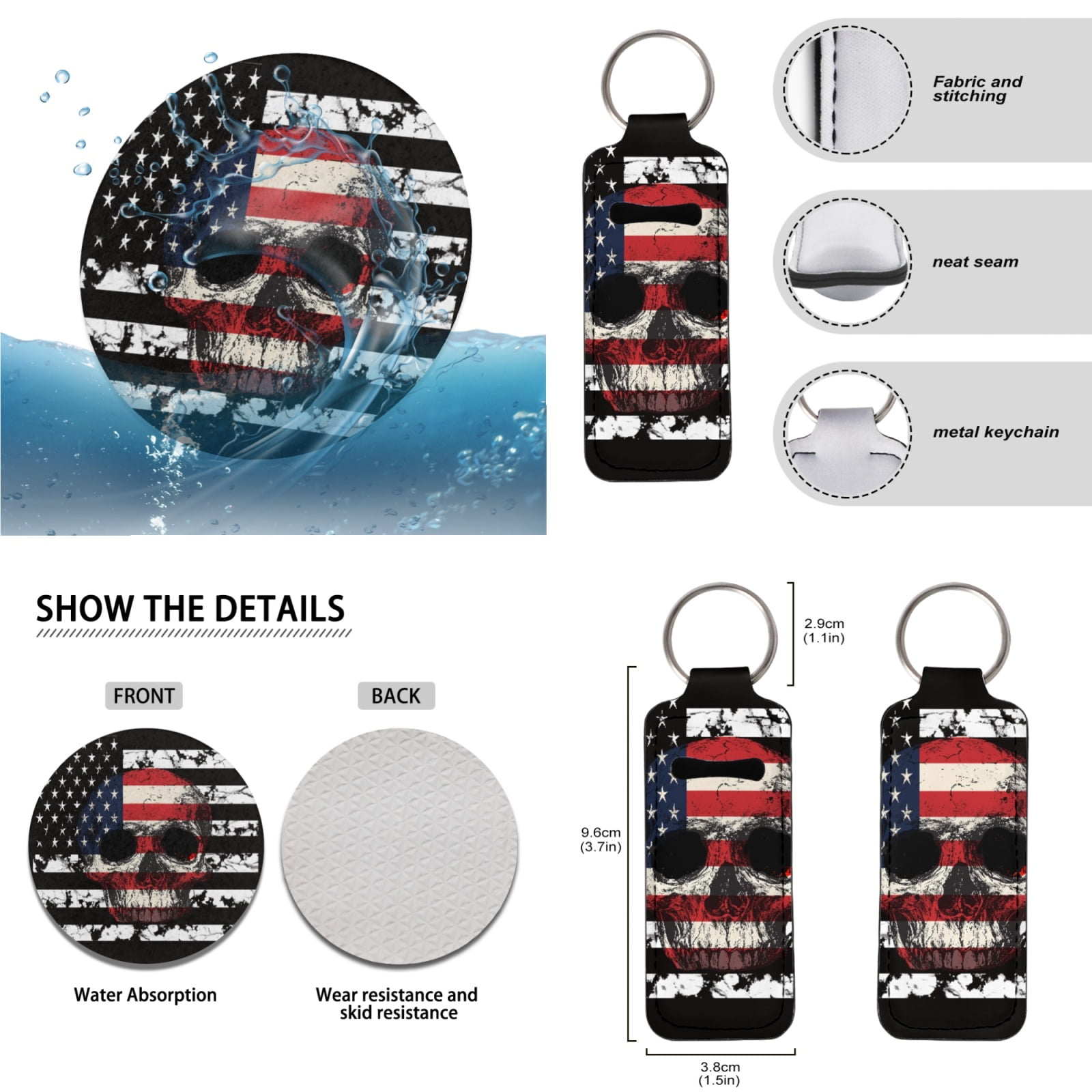 Jeiento American Flag Car Seat Cover Full Set for Men Woman Car Floor Mats Steering Wheel Cover Keychains Seatbelt Pad Armrest Cover Coasters Skeleton Lipstick Holder Interior Auto Accessory 17pcs