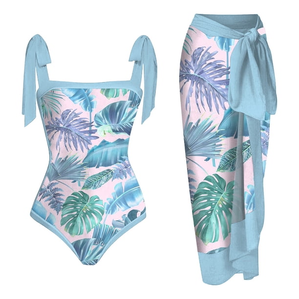 MKLEKYY Trajes De Baño Mujer 2 Piezas Women 1 Piece Swimwear+1 Piece Cover Up Two Piece Vintage Print Swimsuit Monokini Bikini 2 Piece Swimsuits Two Piece Tankini Set 1607