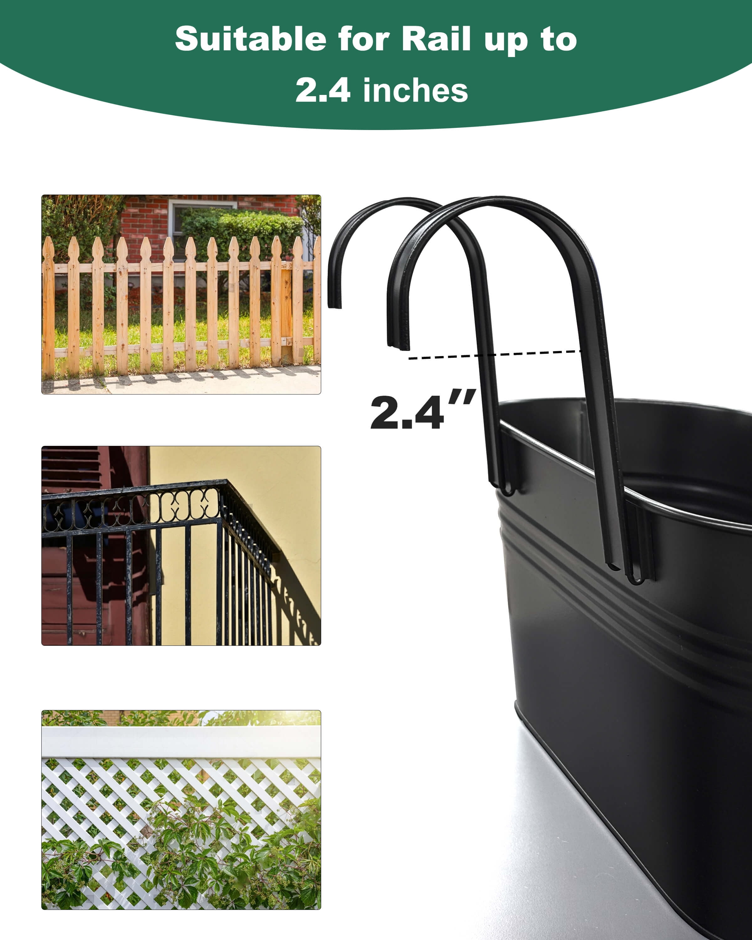 Metal Railing Planter for Outdoor Plants - 3 Pack 16 Inch Balcony Hanging Planter Box with Detachable Hooks and Drain Holes Oval Hanging Pots Fence Planters for Railing Garden Fence, Black