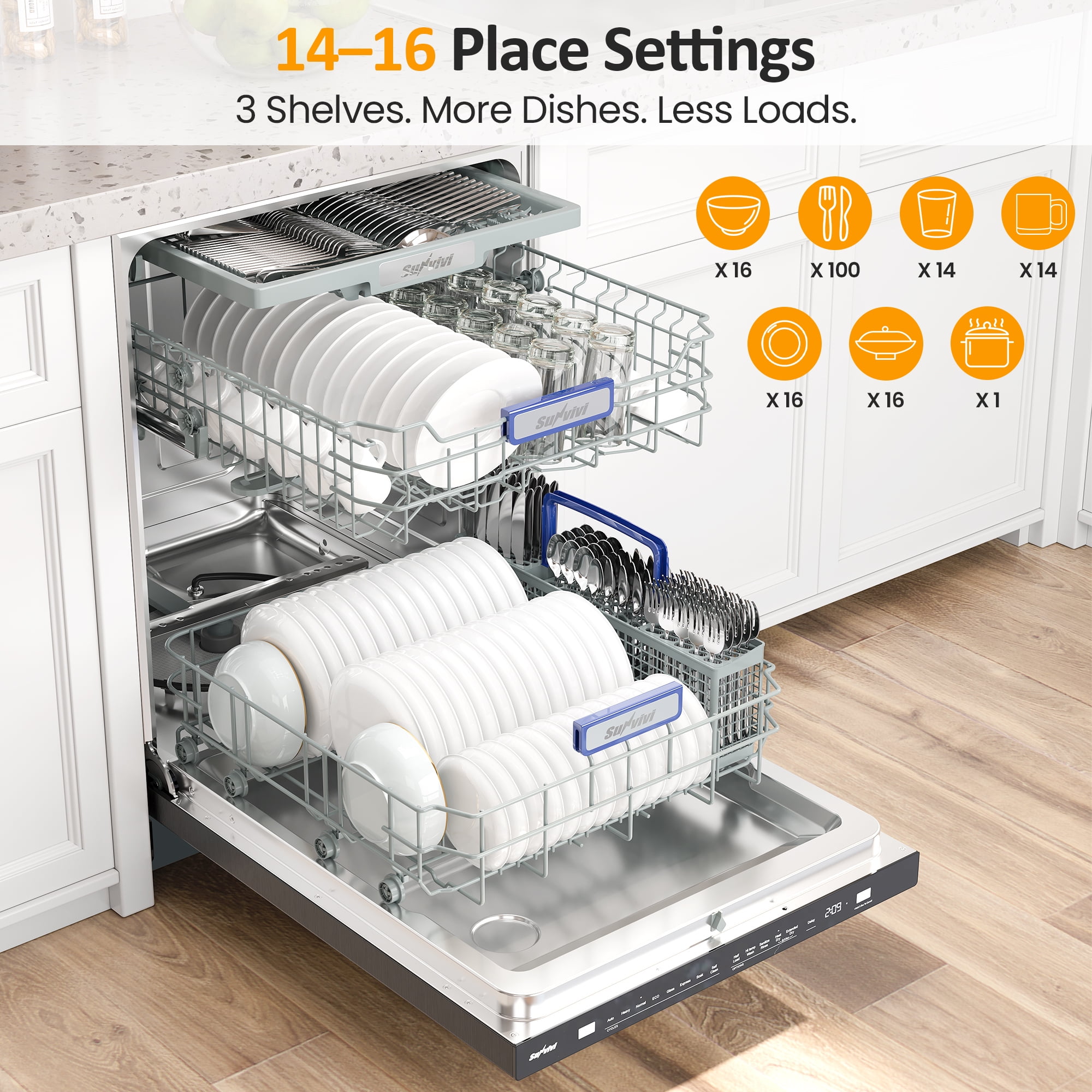 Cozy Home 24" Built-in Dishwasher, Stainless Steel Dish Washer Machine with Large 14-16 Place Settings, 8 Wash Cycles, Energy Star, Black