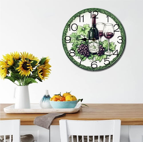 Eveokoki Wall Clock Wine Grape Wood Battery Operated Silent Non-Ticking Clock Decorative for Home Kitchen Living Room Office Bathroom Bedroom 10 Inch