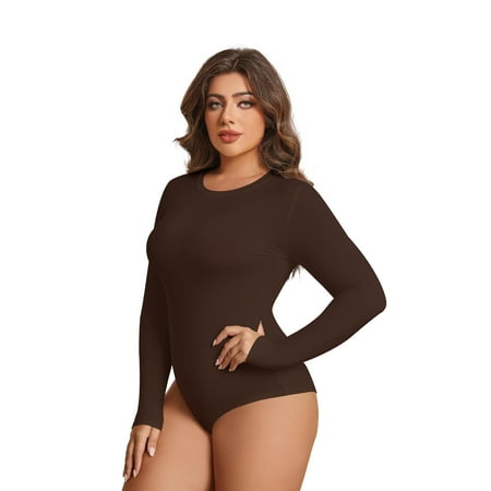 POSESHE Women s Plus Size Long Sleeve Bodysuit Slim Fit Crew Neck Tops Cotton Bodysuit for Women Brown Size L