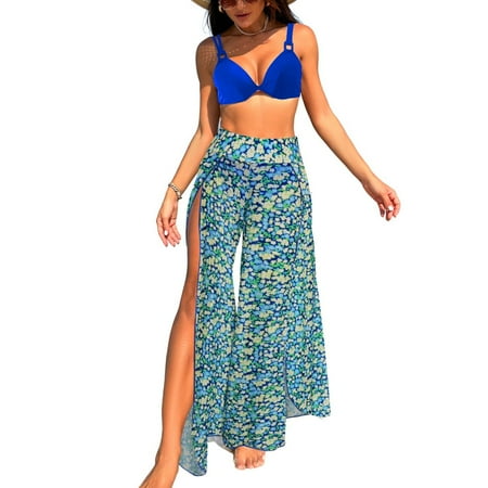 Previn Women s 3 Piece Bikini Set Cover Up Pant Printed Adjustable Shoulder Straps Bath Suit Cool Curvy Brief Beachwear Billowy Spring Break Blue Small