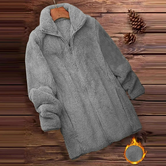 gbyLJF Solid Color Coat for Women Double-sided Fleece Long Sleeve Lapel Outwear Loose Comfor Zipper Jacket with Pockets