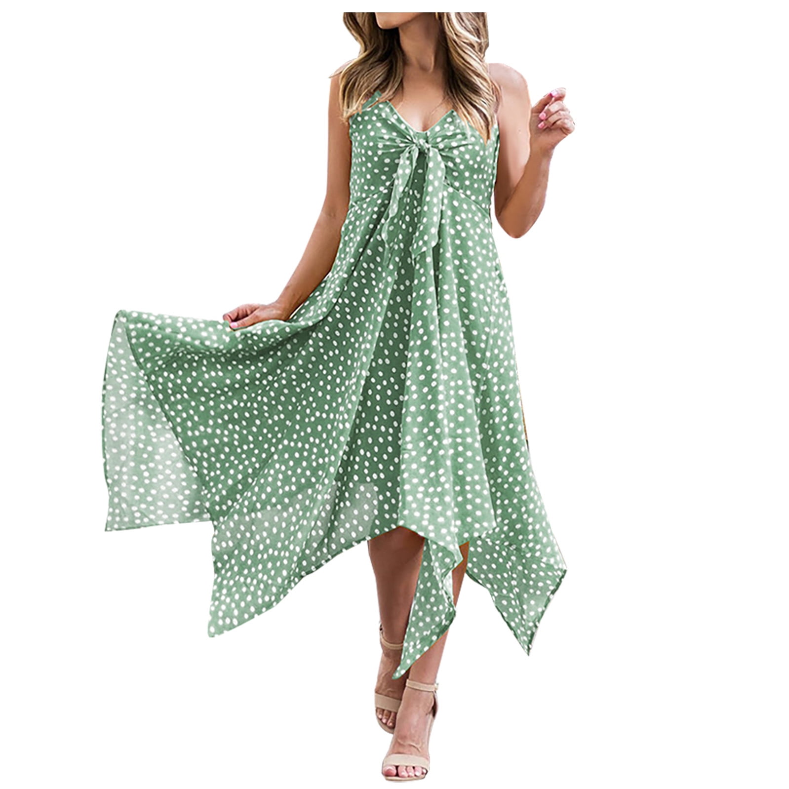 Polka Dot Women Dress Summer Beach Sundress High Low Asymmetrical Swing Hem