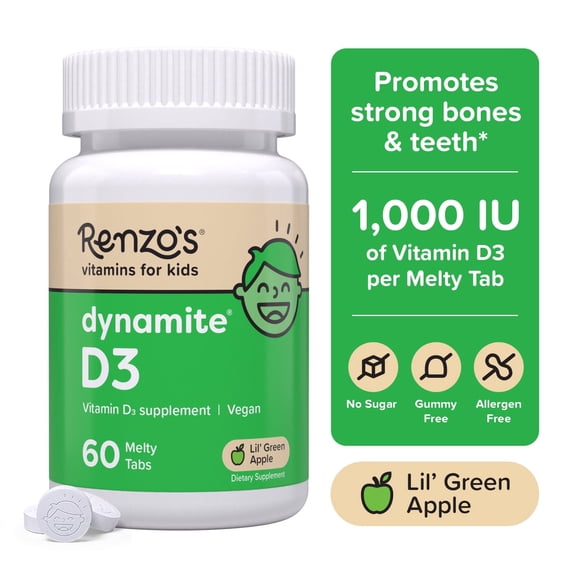 Renzo’s Vitamins Dynamite D3 Vitamin Melty Tabs Sugar Free and Vegan Dietary Supplements for Kids, Green Apple Flavor, 60 Count