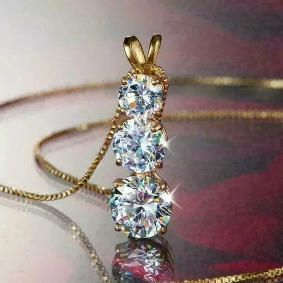 2.50Ct Simulated Diamond 14K Yellow Gold Plated Three Stone Pendant Necklaces