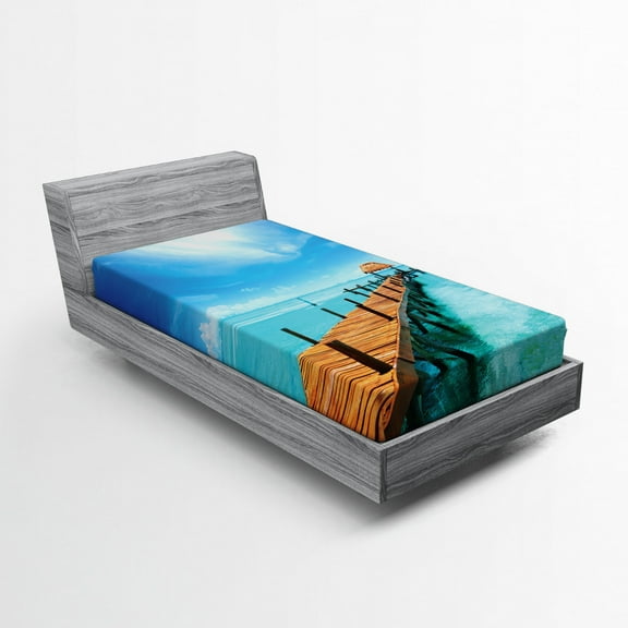 Ambesonne Tropical Fitted Sheet, Exotic Hawaii Wooden Pier, Twin XL Size, Blue and Brown